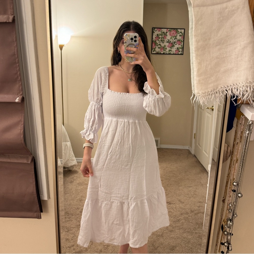 White flowy maxi dress with ruffle long sleeve